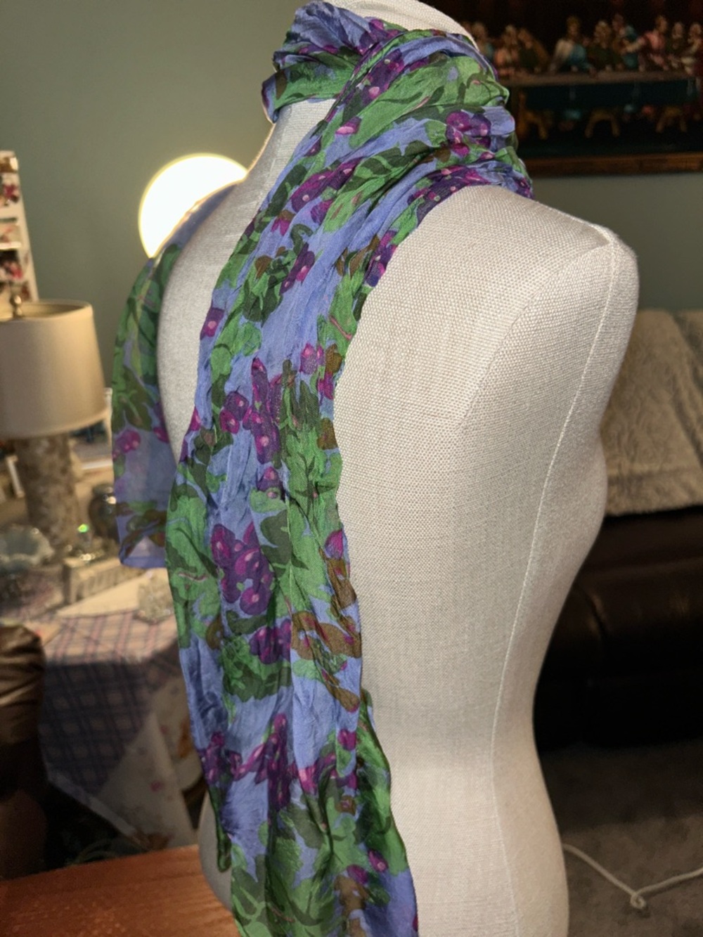 Lightweight Floral Scarf in Lavender and Green - Picture 4 of 7